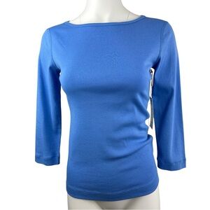 THREE DOTS 3/4-sleeve Cotton Tee In Blue XS NWT 100% Cotton